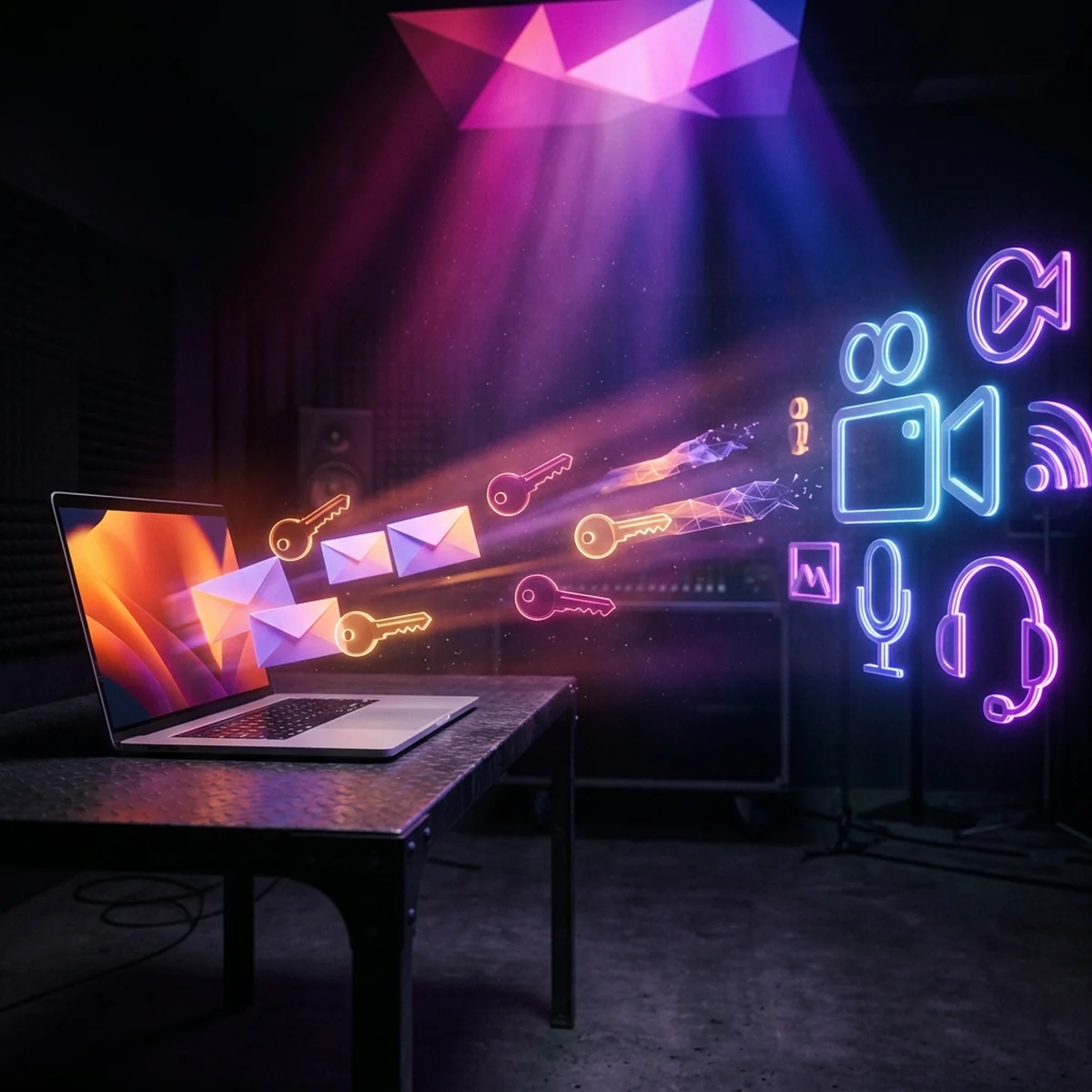 Mesa de dev indie com laptop mostrando o Steamworks, uma lista de contatos de imprensa e ícones de chave sendo enviados por e-mail