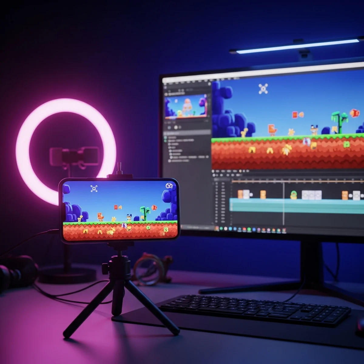 Desenvolvedor indie gravando gameplay vertical para celular em seu setup de trabalho