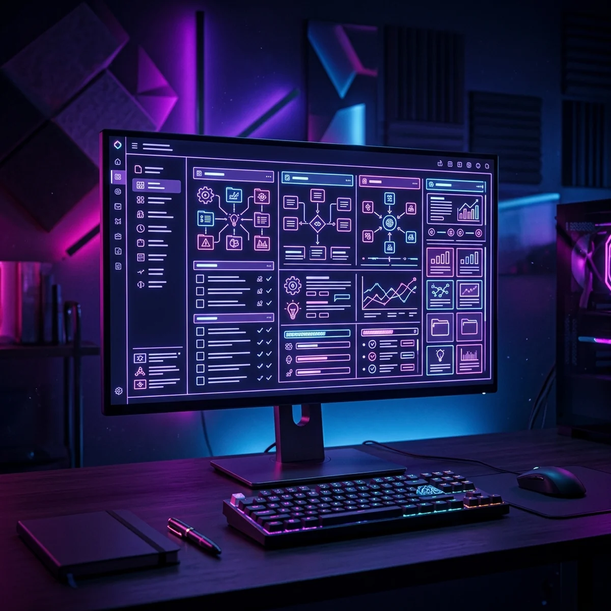 Tela de computador com a wiki de um projeto de jogo aberta, páginas de documentação e links na barra lateral