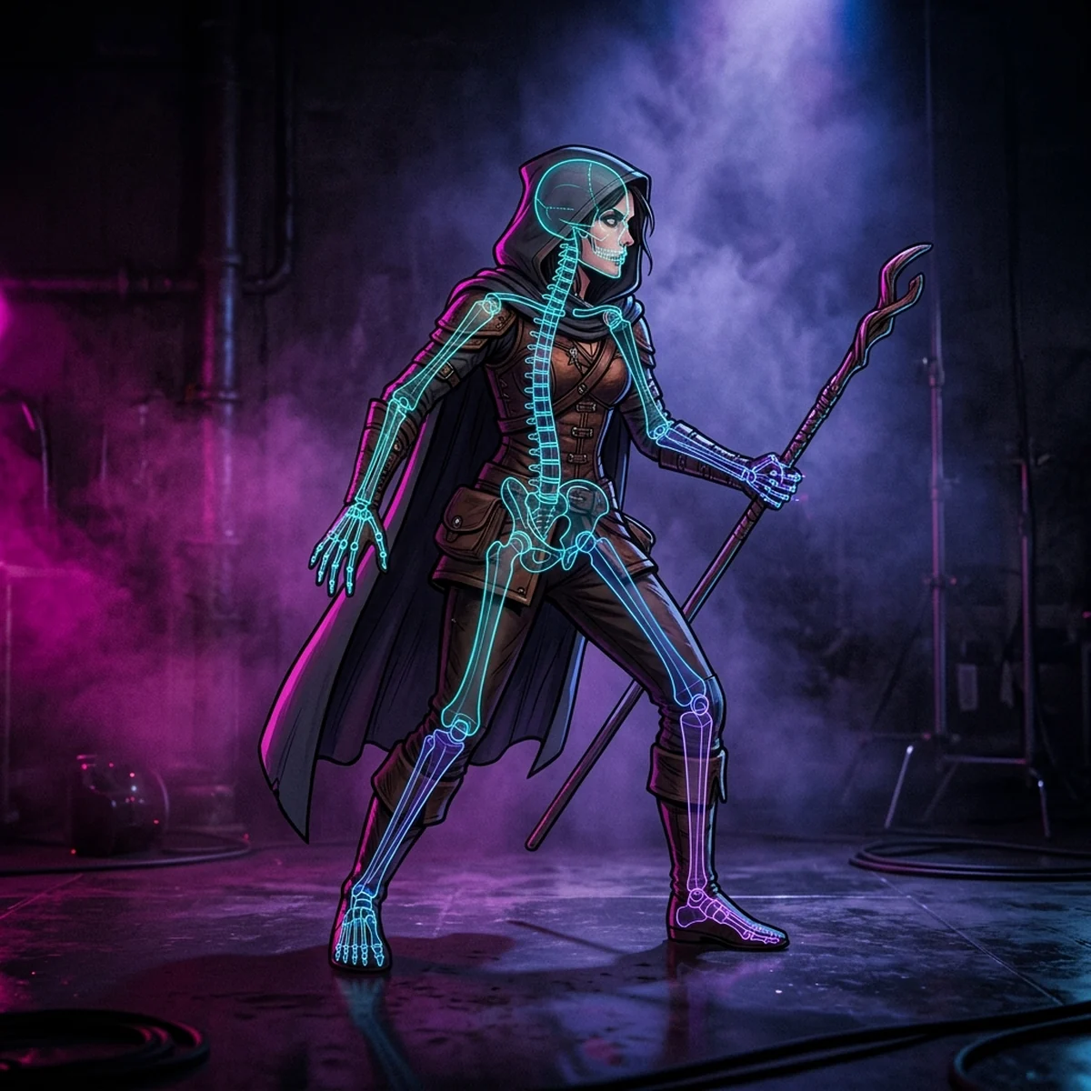 Personagem 2D montado sobre um esqueleto de ossos com wireframe visível para animação esqueletal