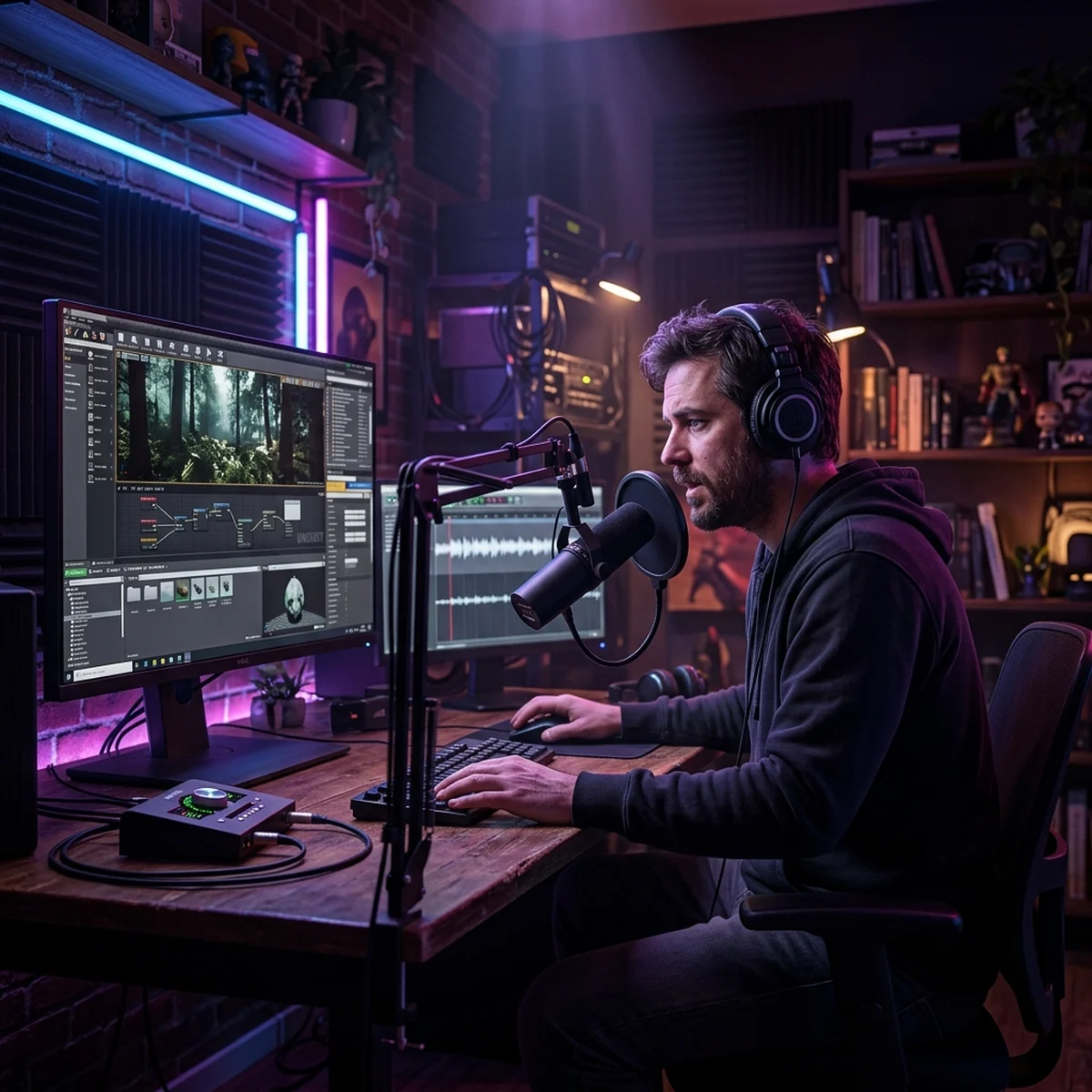 Um dev indie gravando voz com microfone ao lado do computador com a Godot aberta