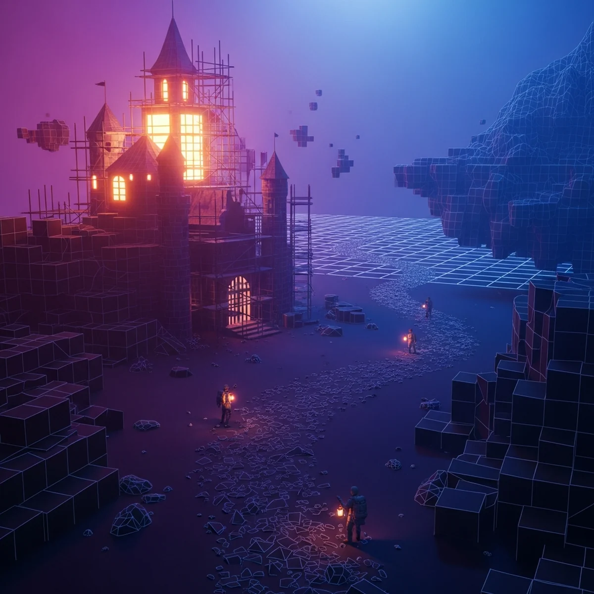 Mundo de jogo em construção com andaimes e jogadores explorando o cenário inacabado