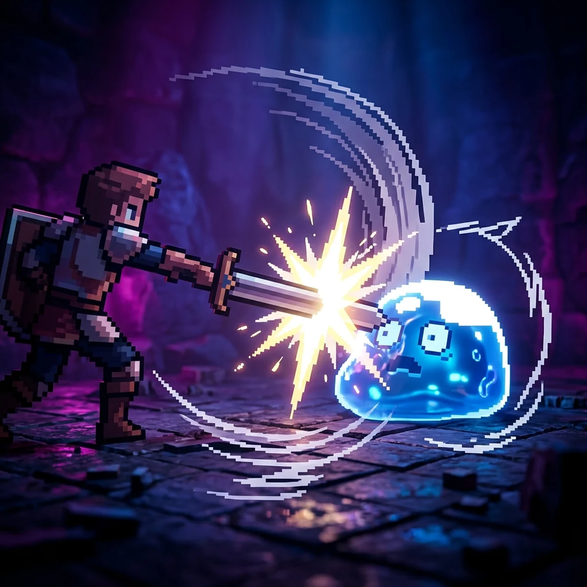 Espada de pixel art acertando um inimigo com uma faísca branca e amarela em forma de estrela no ponto do impacto