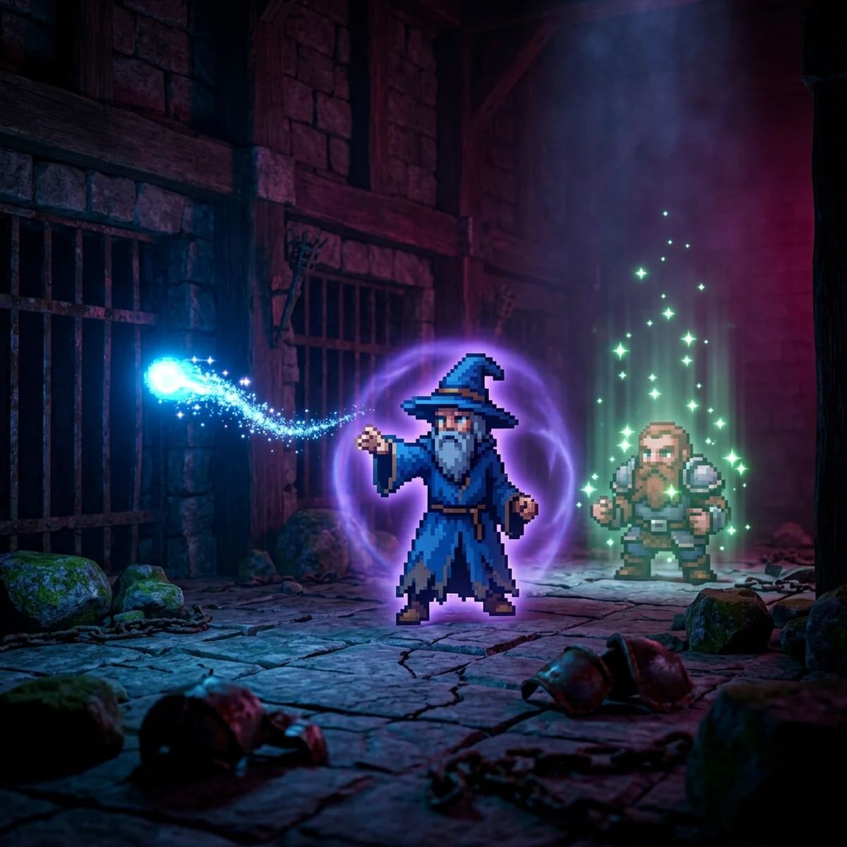 Mago em pixel art lançando um projétil azul com rastro, envolto por uma aura roxa, ao lado de um aliado com brilho verde de cura