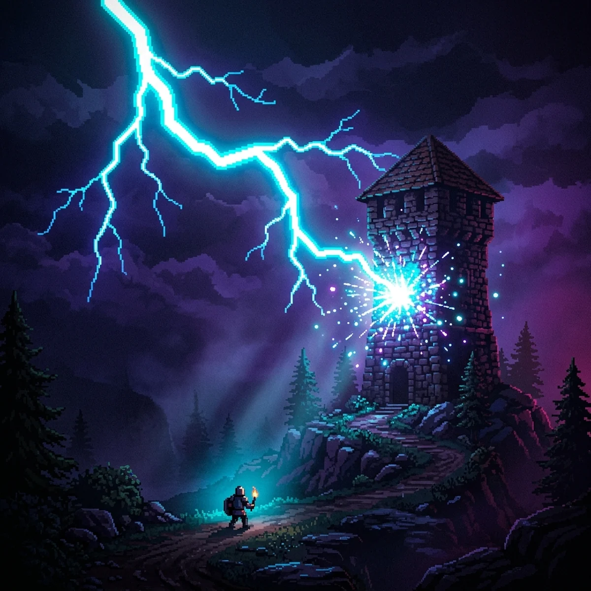 Raio em pixel art com núcleo branco e borda azul se ramificando do céu até o chão, iluminando um personagem e uma torre