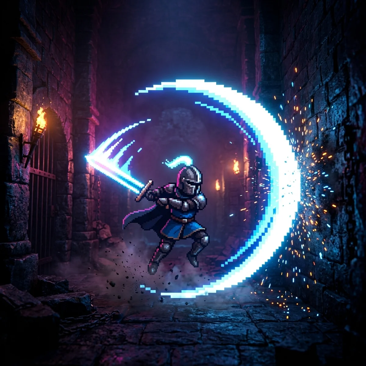 Arco de corte branco e azul em pixel art cruzando a tela na frente de um guerreiro com espada