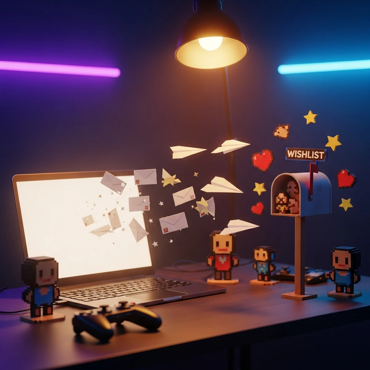 Ilustração de um desenvolvedor indie enviando emails de divulgação do seu jogo a partir de uma mesa de trabalho com controle e laptop
