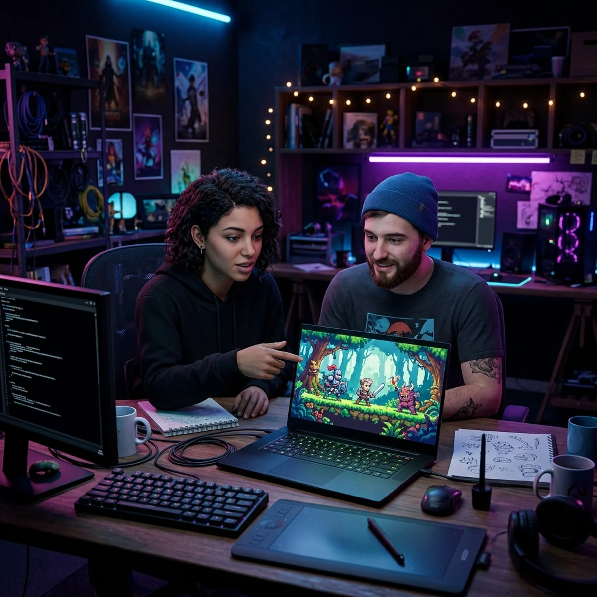 Programador, artista e músico se conhecendo em uma game jam para montar equipe de um jogo indie