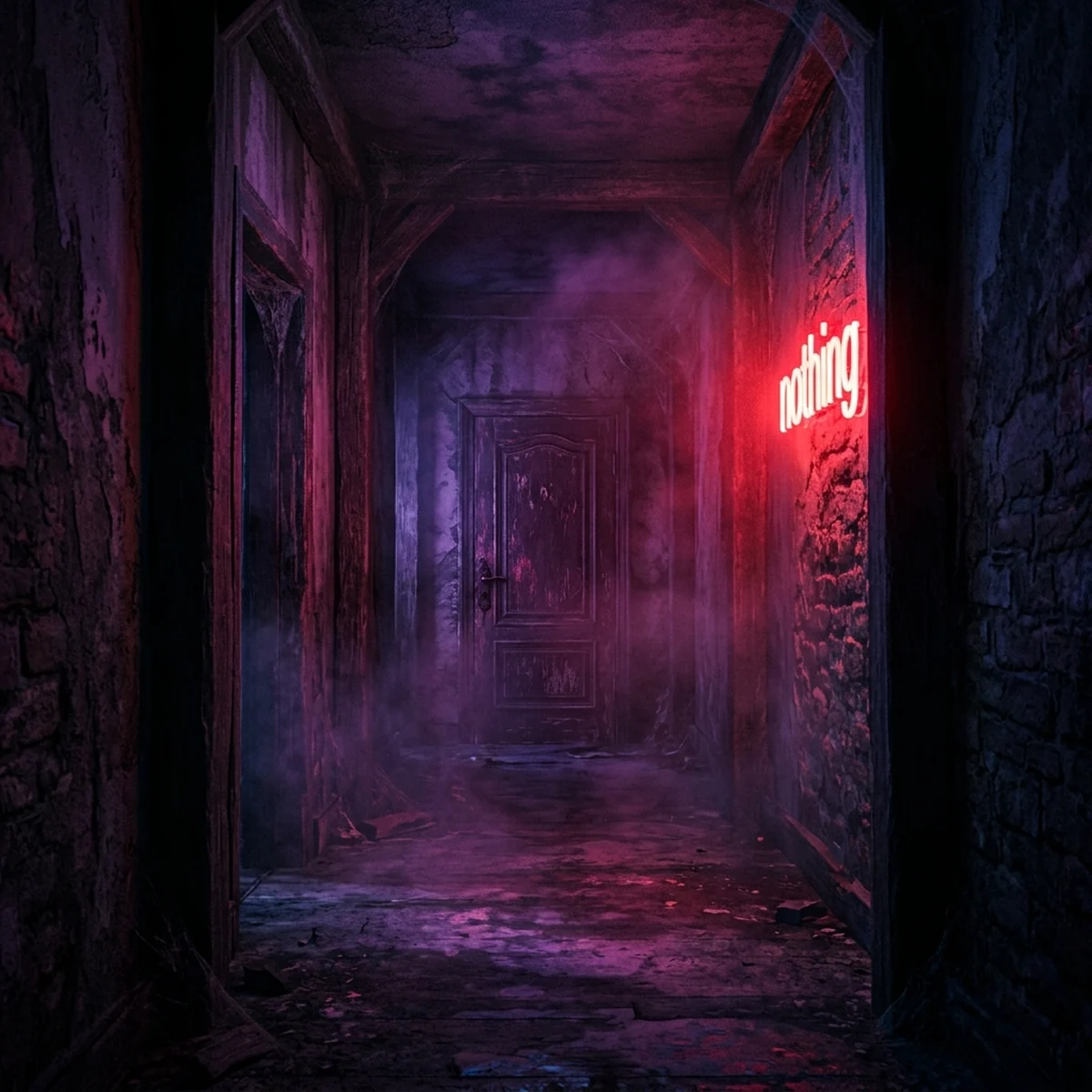 Corredor sombrio de uma casa assombrada iluminado por luz neon vermelha em estilo cinematográfico
