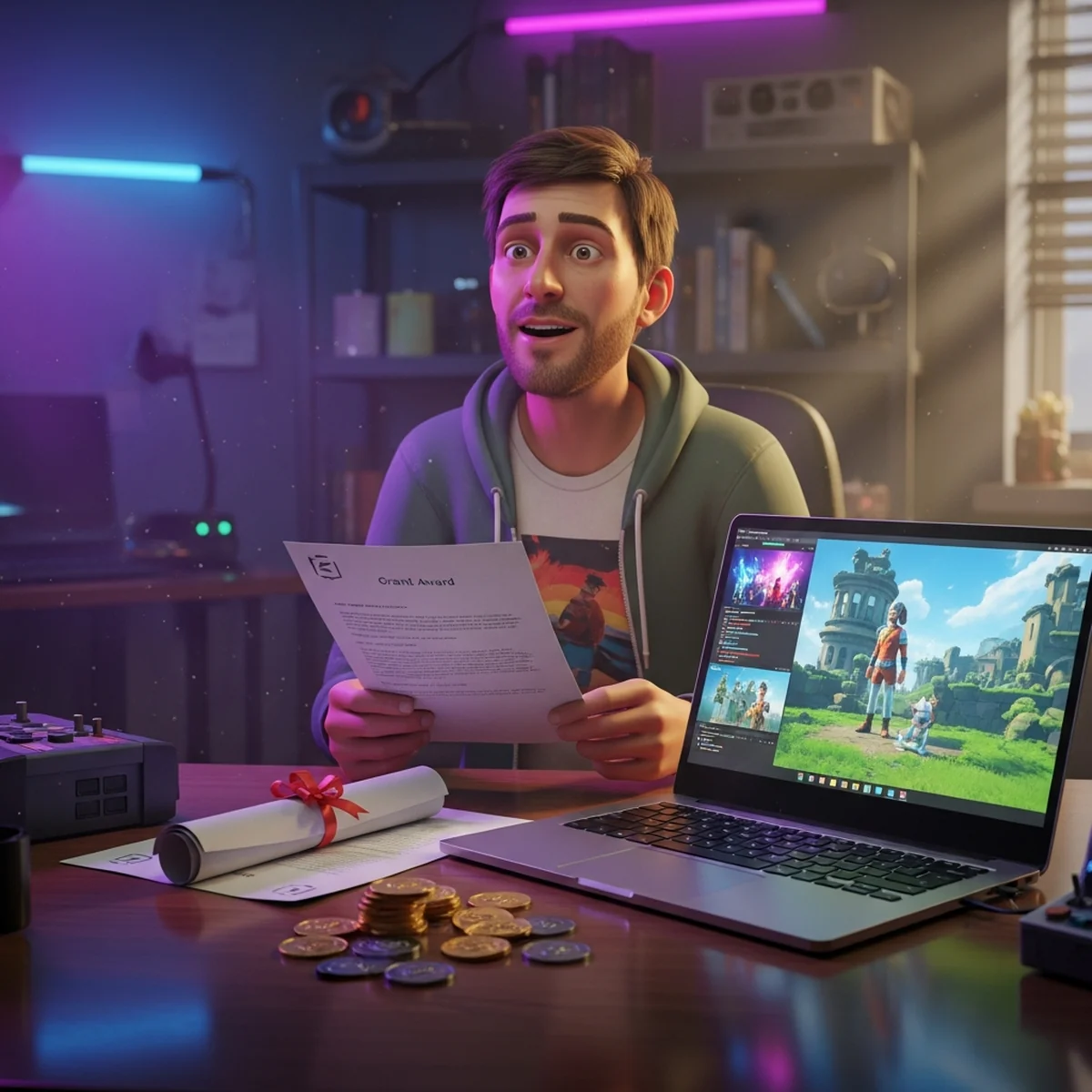 Desenvolvedor indie em frente a dois monitores com um projeto na Unreal Engine aberto, revisando um documento de pitch ao lado do teclado