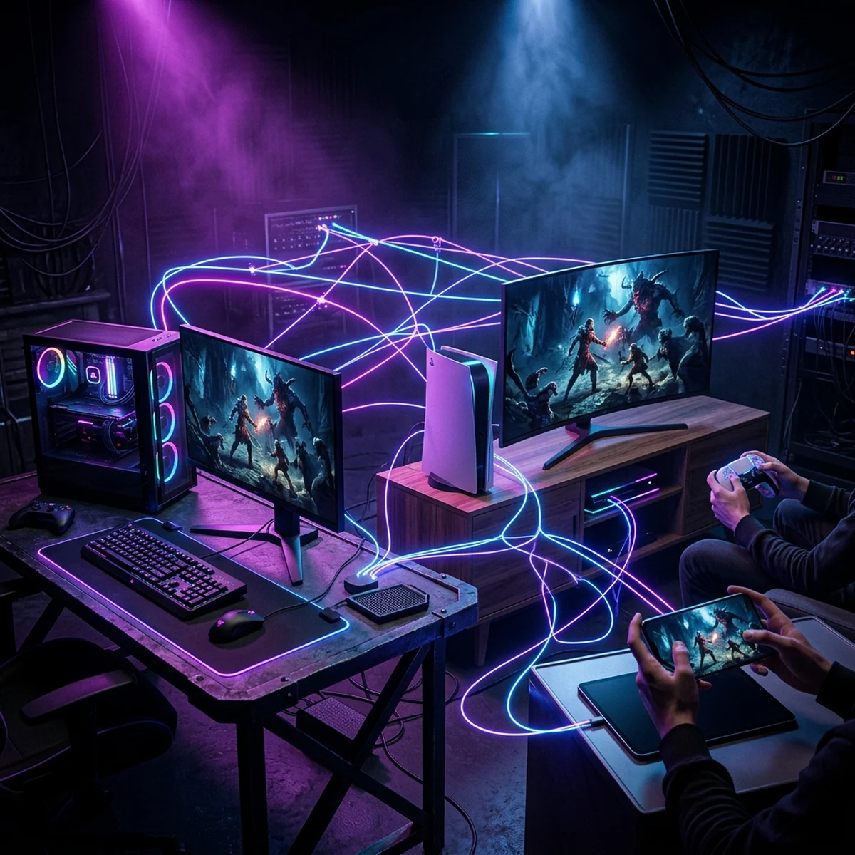 Sala de servidores iluminada representando a infraestrutura de backend que sustenta um jogo multiplayer online