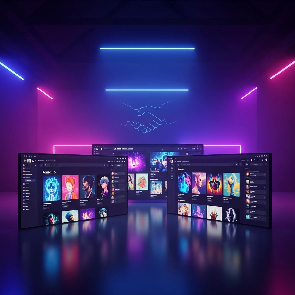Mesa de trabalho de um artista digital com mesa gráfica, monitor exibindo um portfólio de arte de jogos e esculturas 3D na tela
