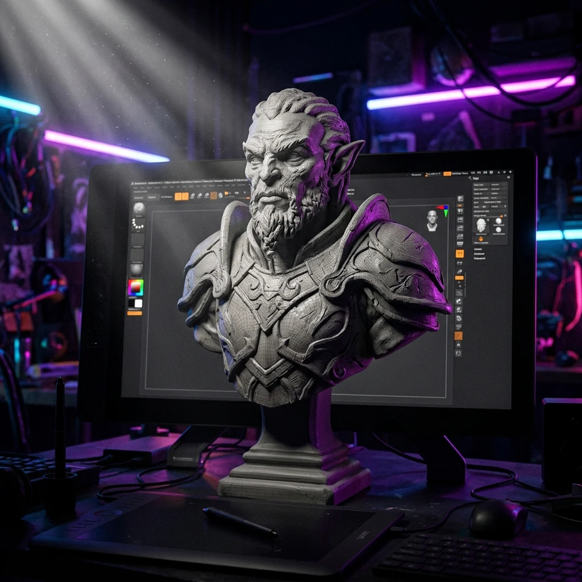 Busto de personagem 3D esculpido em progresso em software de escultura digital, malha densa com aparência de argila