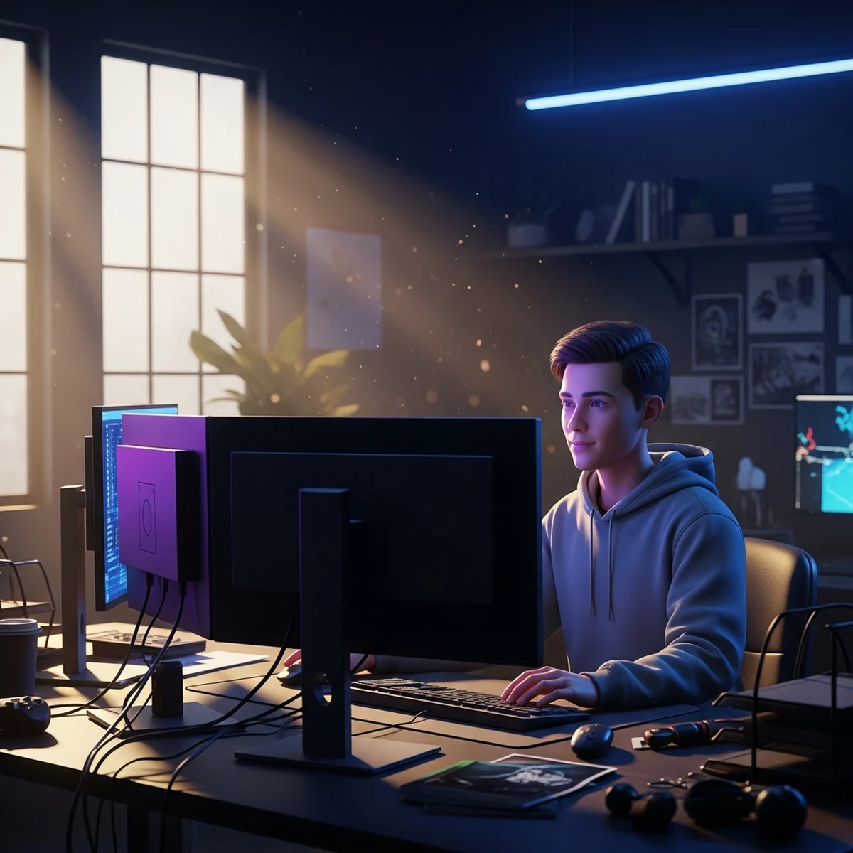Estudante sentado à mesa com notebook mostrando um jogo em desenvolvimento e anotações ao lado