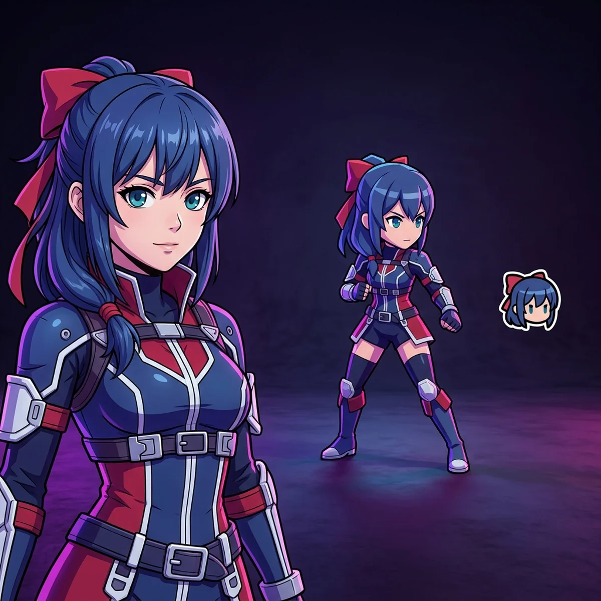 Personagem em estilo anime mostrado em três versões lado a lado: retrato de diálogo, sprite de jogo e ícone de interface