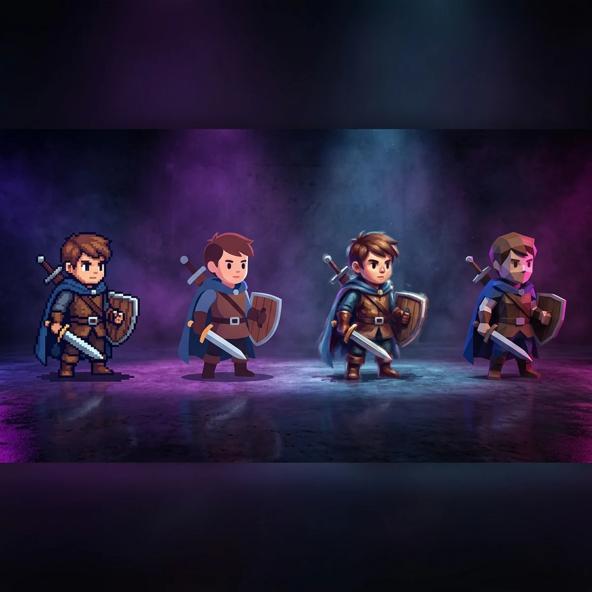 Quatro versões do mesmo personagem lado a lado, em pixel art, vetor, pintura digital e low poly
