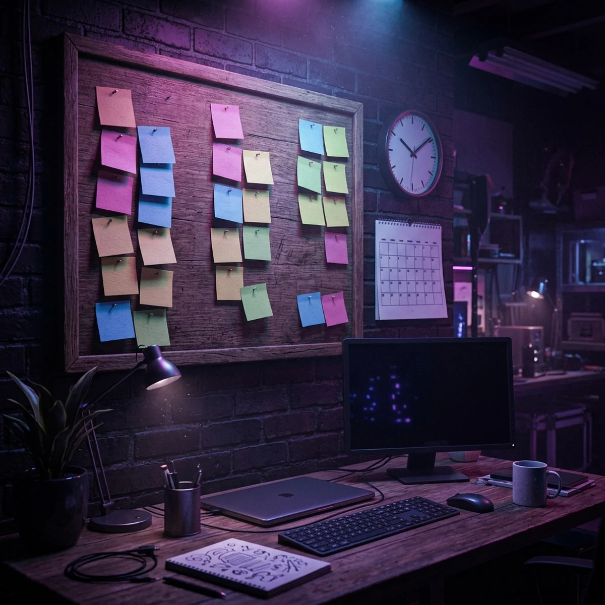 Quadro de tarefas de um projeto de jogo com post-its de estimativas de tempo em faixas