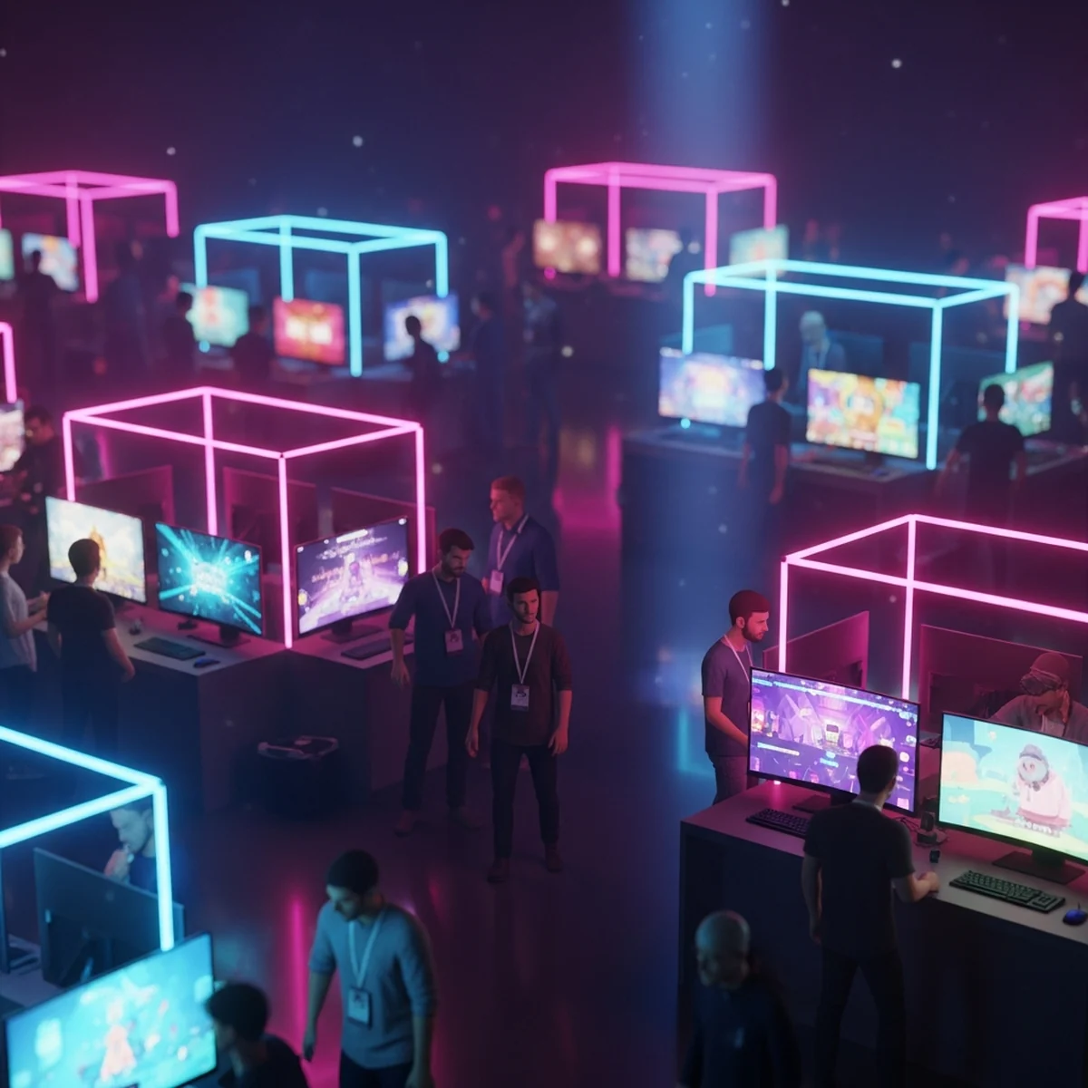 Desenvolvedores conversando em um corredor de evento de jogos, com crachás no pescoço e um notebook aberto mostrando a demo de um jogo indie