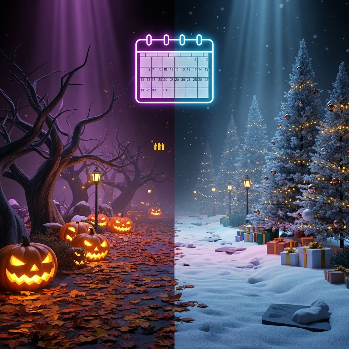 Cenário de jogo decorado com abóboras e luzes festivas ao lado de um calendário anual com datas marcadas, representando o planejamento de eventos sazonais