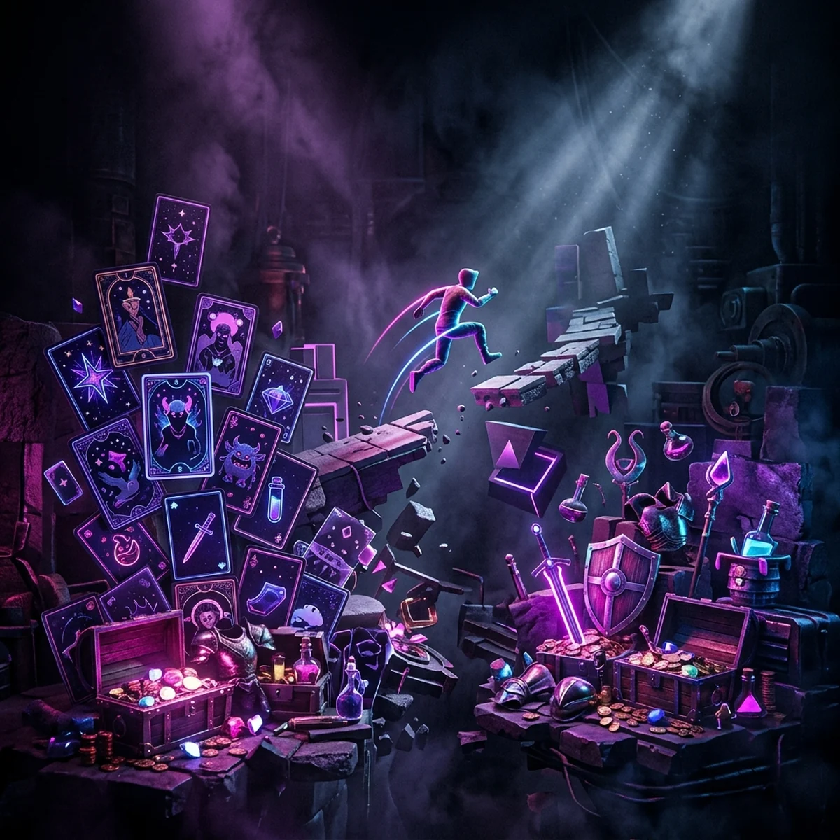Colagem de momentos de gameplay abstratos: arco de pulo de plataforma, cartas, itens de loot, em ilustração plana sem texto.