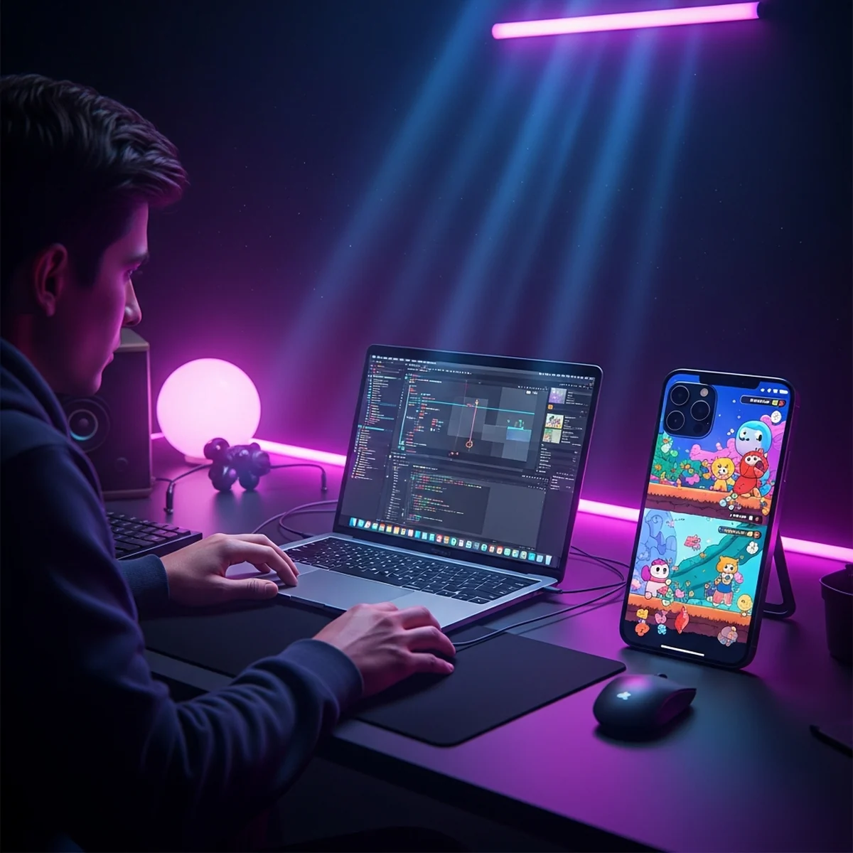Desenvolvedor indie exportando um jogo da Godot para iPhone, com MacBook e iPhone mostrando um jogo 2D colorido na mesa