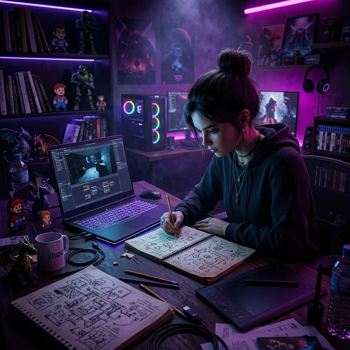 Jovem game designer rascunhando layouts de fase e mecânicas em cadernos sobre a mesa, com um laptop rodando um editor de jogos ao lado