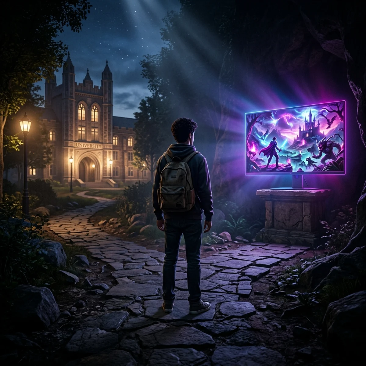 Estudante diante de dois caminhos, um com prédio de faculdade e outro com um jogo finalizado na tela do computador