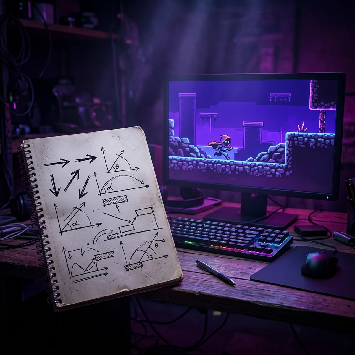 Mesa com um caderno de anotações de vetores e ângulos ao lado de uma tela mostrando um personagem se movendo em um jogo 2D