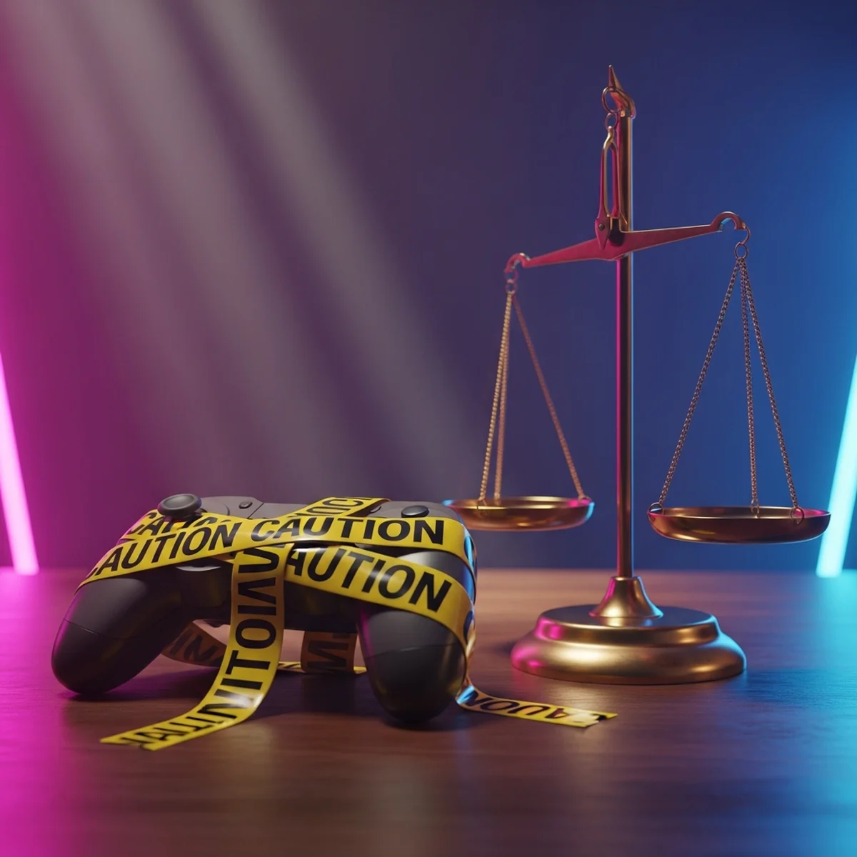 Balança da justiça ao lado de um controle de videogame, representando a dúvida sobre a legalidade de criar um fan game de franquia famosa