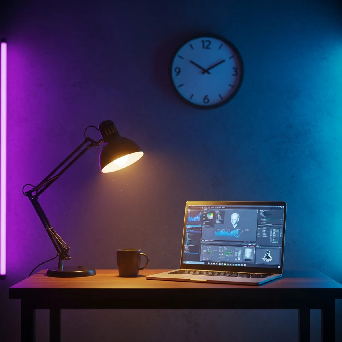 Mesa de trabalho iluminada por um abajur à noite, com notebook aberto em uma engine de jogos, caderno de anotações e xícara de café ao lado