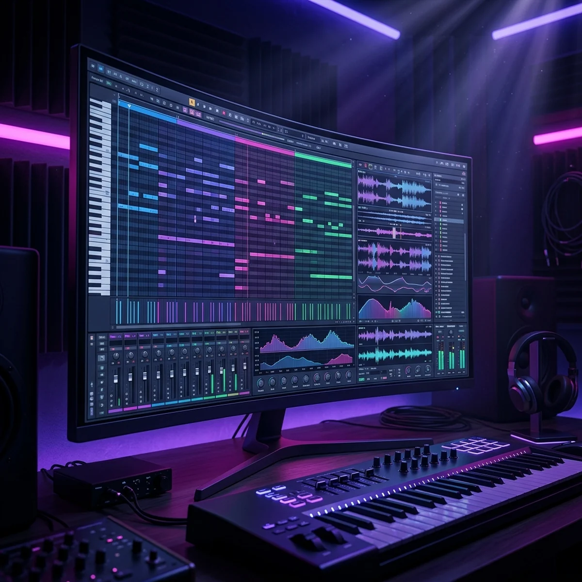 Tela do LMMS com Song Editor, Piano Roll e ondas de som para compor música de jogo
