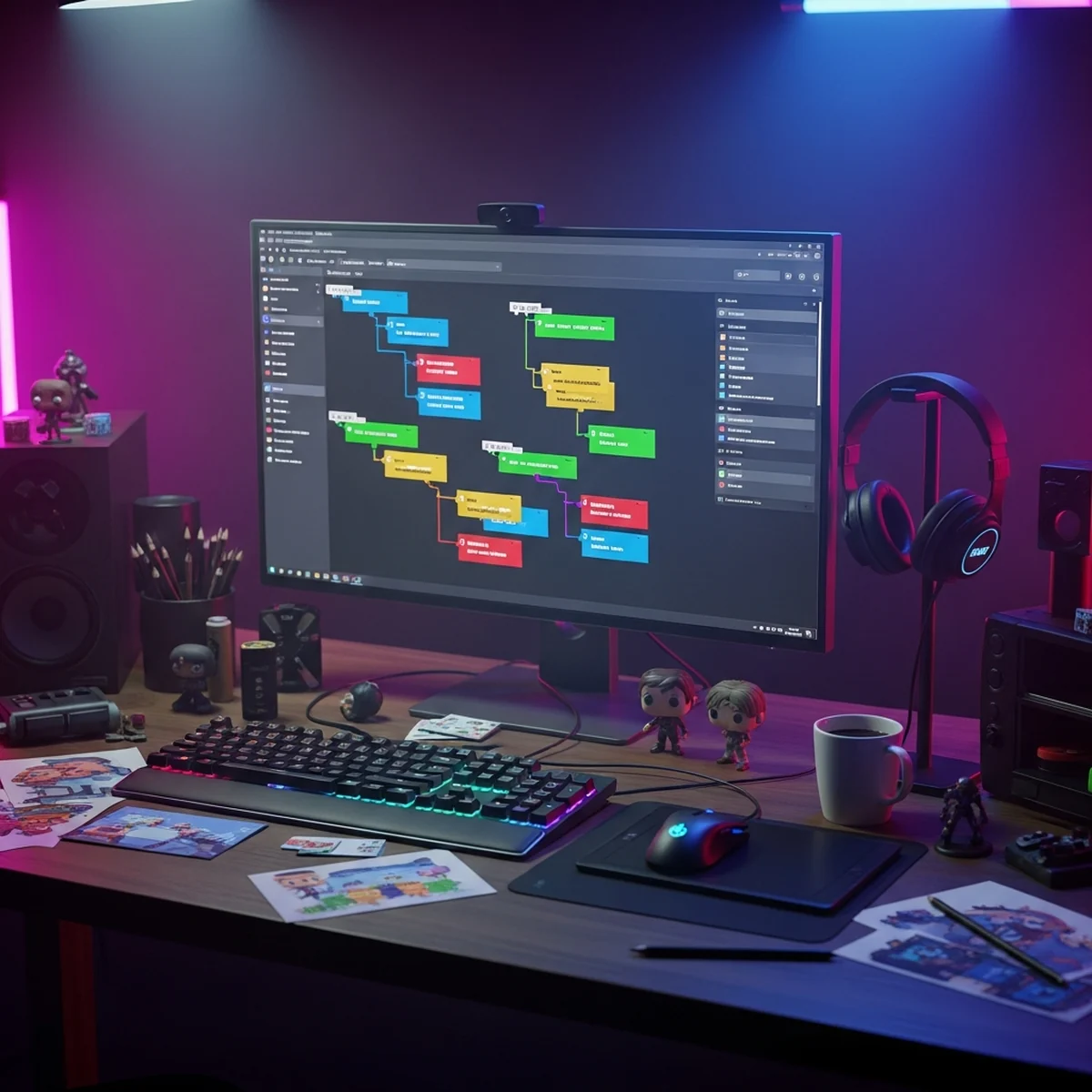 Quadro kanban de um projeto de jogo com colunas de tarefas, cards e post-its, sem texto legível na cena