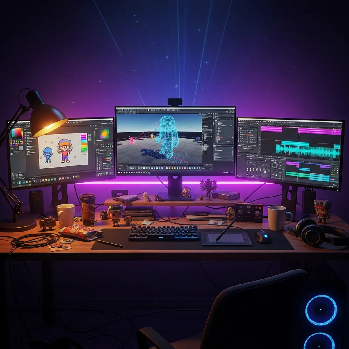Mesa de trabalho de dev indie com telas mostrando engine, arte pixel e edição de áudio
