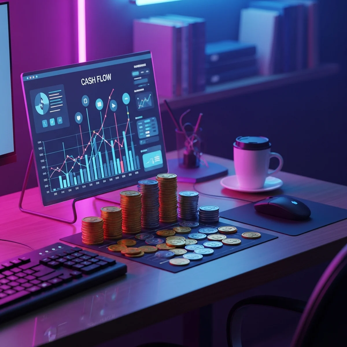 Mesa com planilha de fluxo de caixa, calculadora e anotações de custos mensais de um estúdio de jogos indie