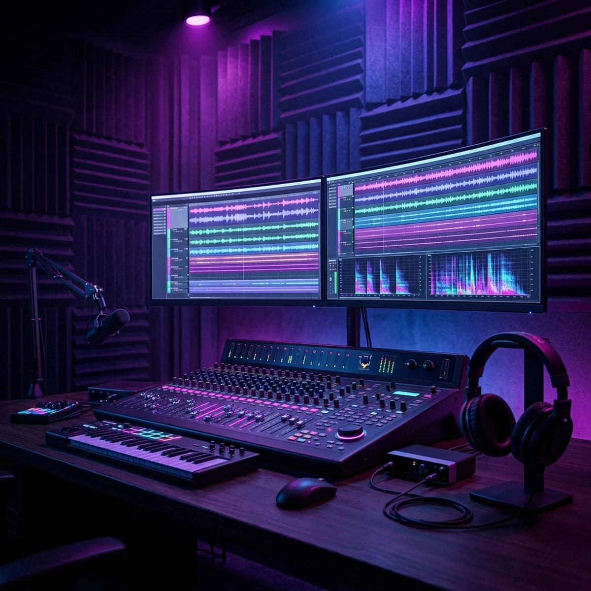 Mesa de trabalho com fones de ouvido, interface de mixagem de áudio na tela e controlador MIDI ao lado do teclado