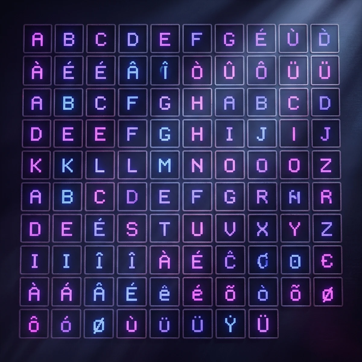 Grade de letras em pixel art com acentos como Ç, Ã e É desenhados em quadrados iguais