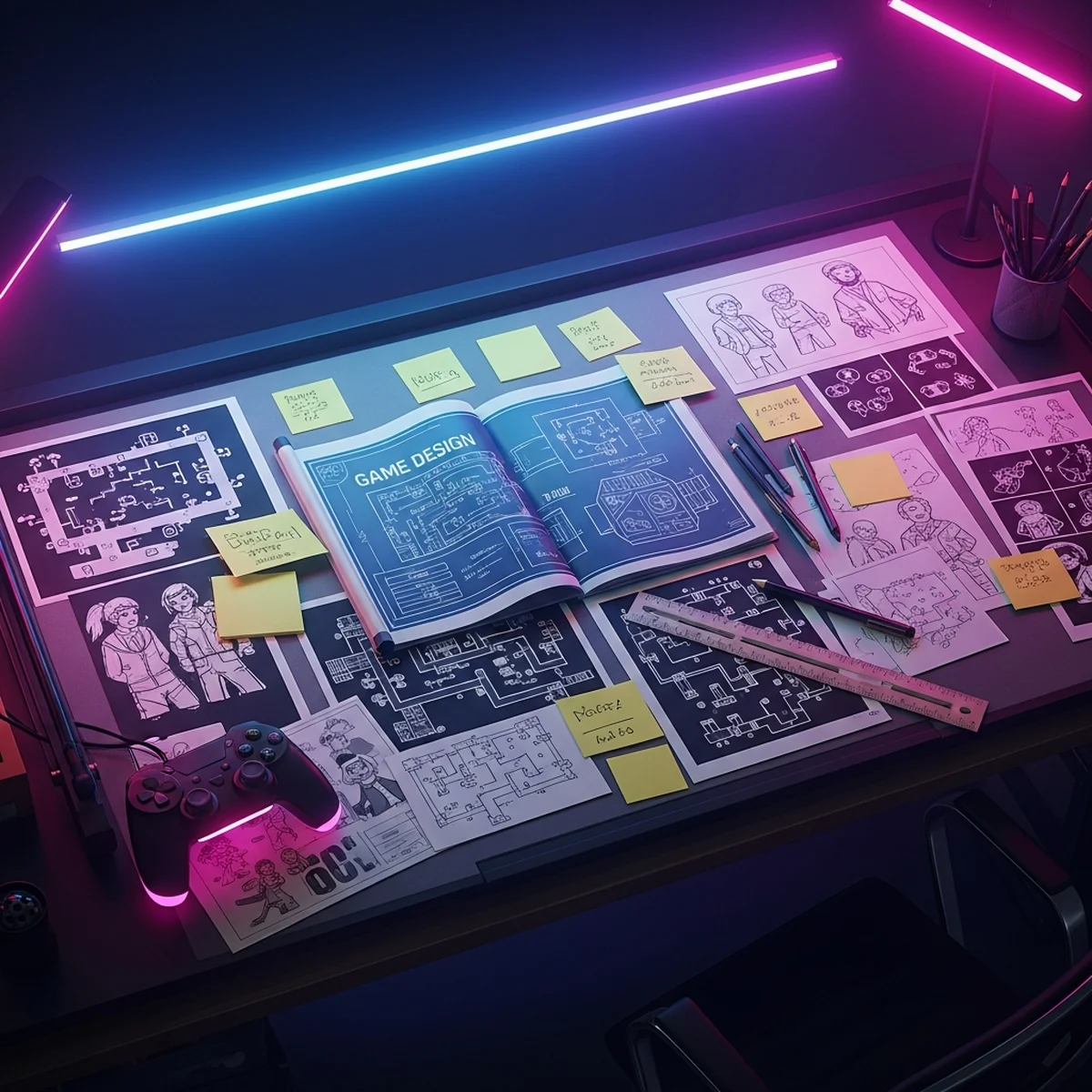 Prancheta de design de jogo com diagramas de fases, personagens e anotações de mecânicas
