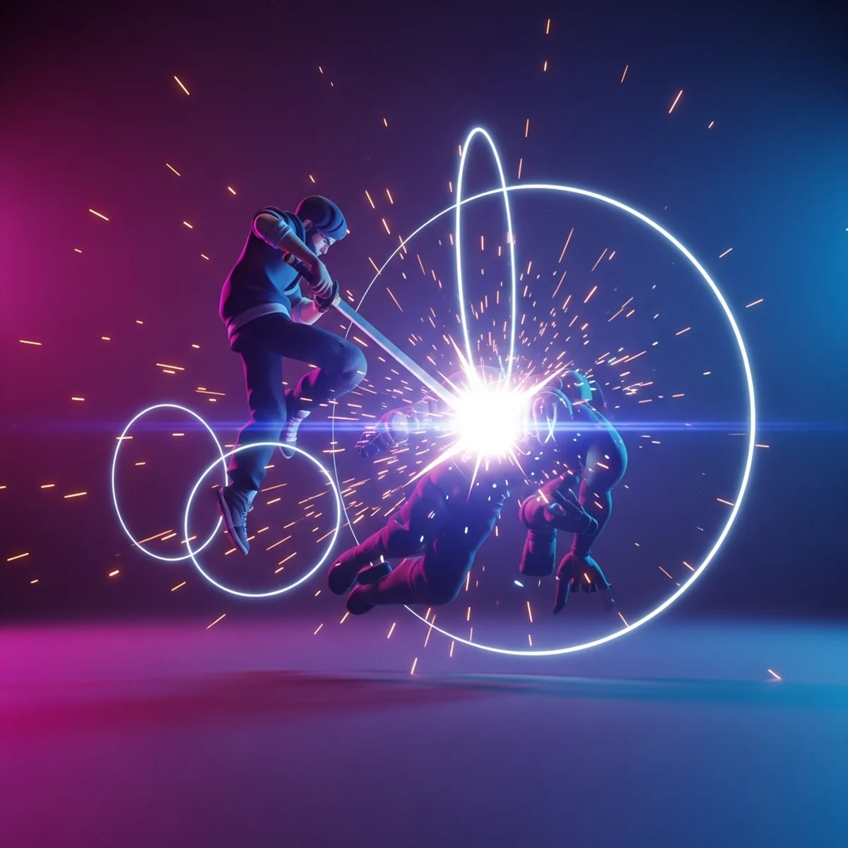 Personagem de jogo acertando um golpe com ondas de impacto, partículas e tela tremendo