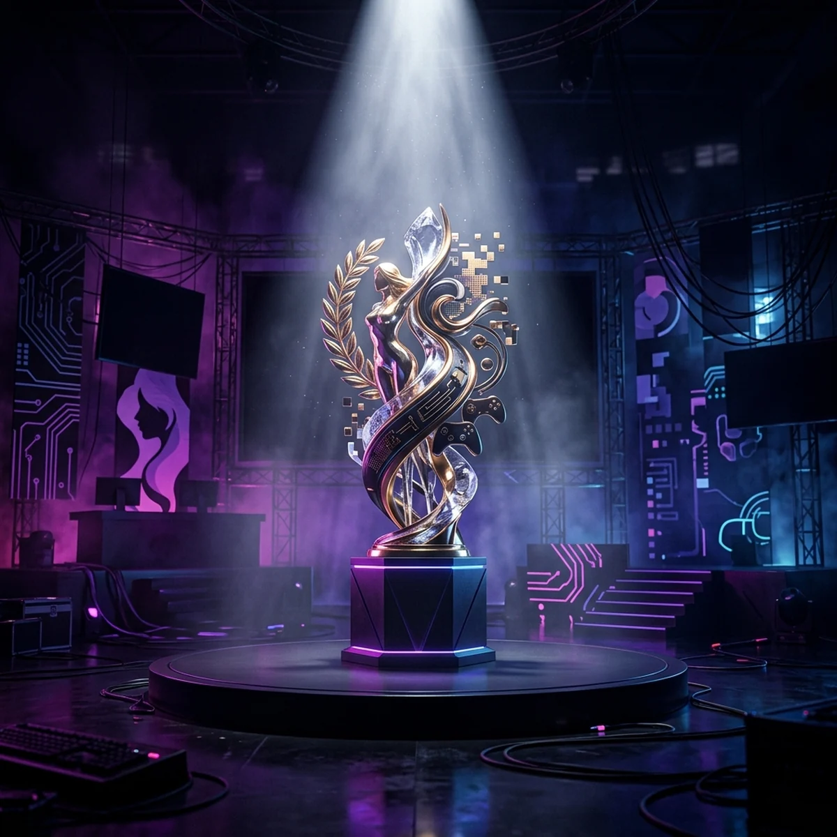 Troféu iluminado por holofote em um palco celebrando mulheres no desenvolvimento de jogos