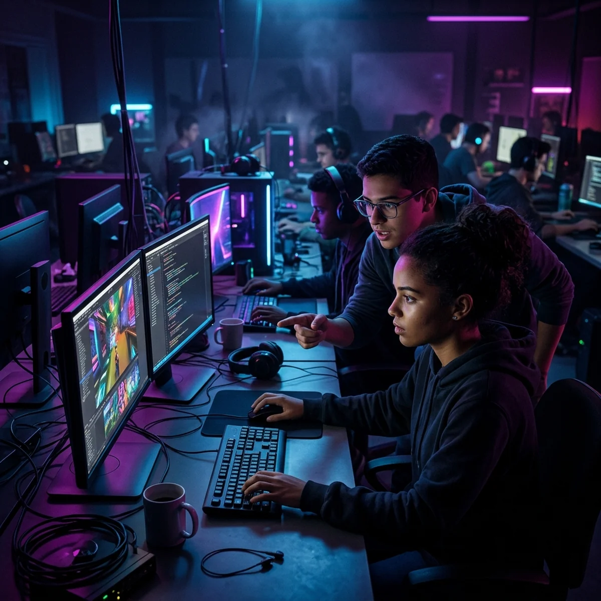 Estudantes reunidos em um laboratório de informática de uma Fatec desenvolvendo um jogo durante uma game jam