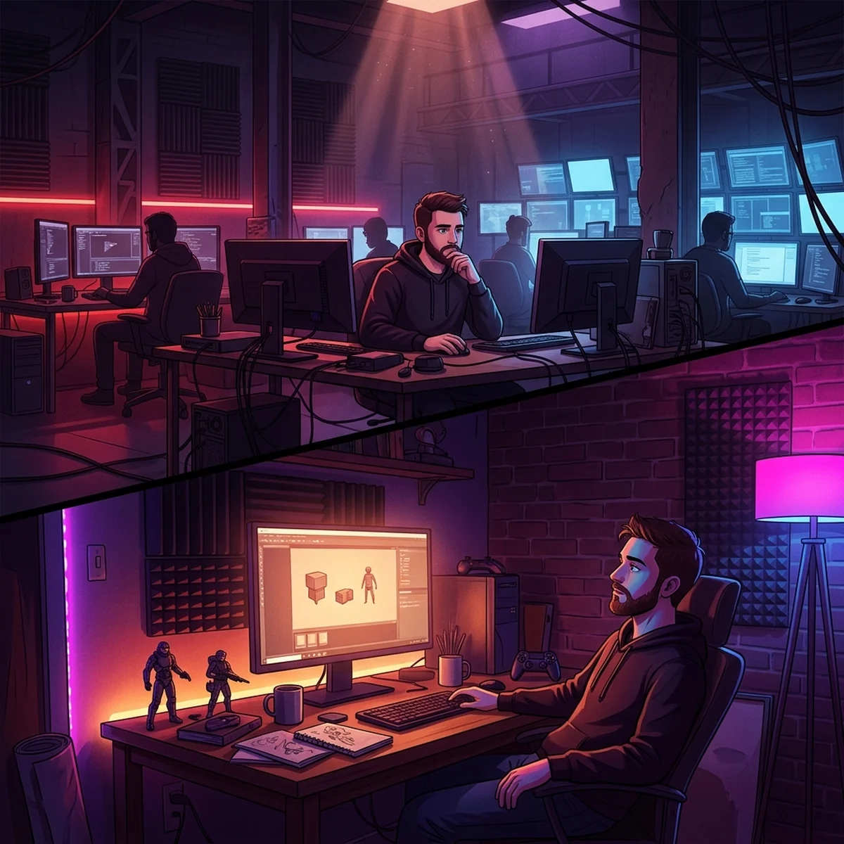 Jovem em frente ao computador decidindo se segue carreira em desenvolvimento de jogos