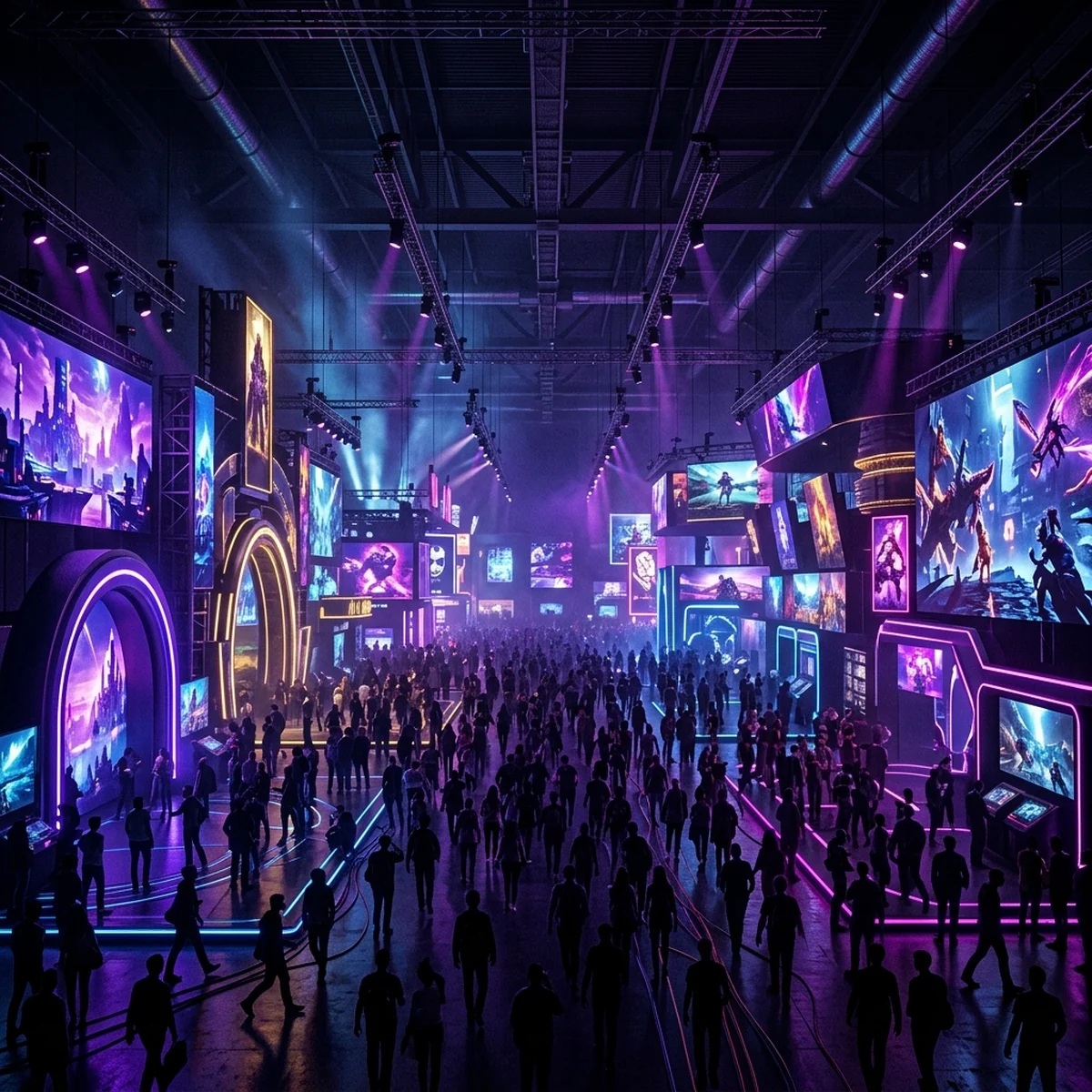 Palco de feira de games com telão exibindo um trailer para uma plateia lotada, remetendo à gamescom em Colônia