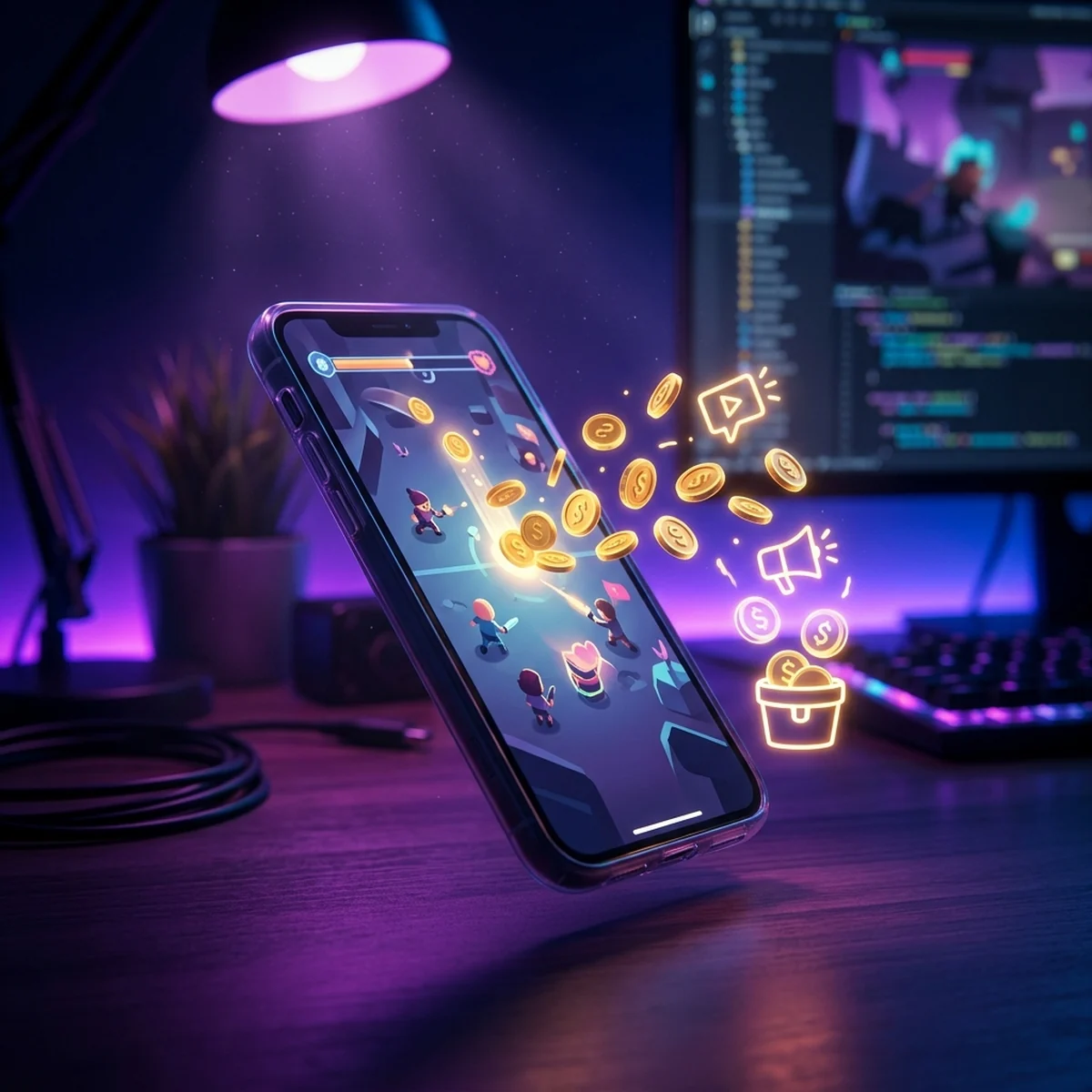Celular mostrando um jogo mobile com moedas e anuncios saindo da tela no contexto da Google Play Store