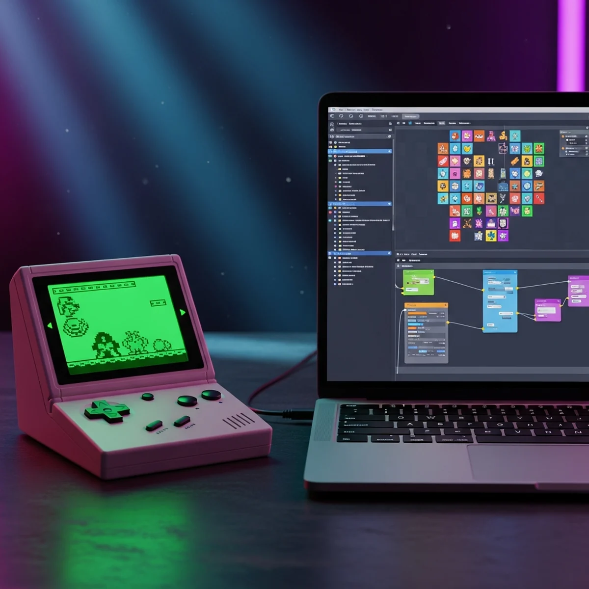 Game Boy clássico ligado sobre uma mesa, ao lado de um notebook aberto com o editor de cenas do GB Studio