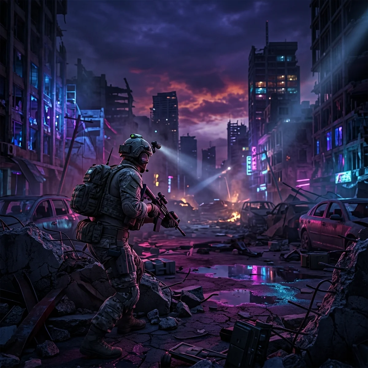 Soldier in heavy armor firing a rifle amid rubble and smoke during an intense battle