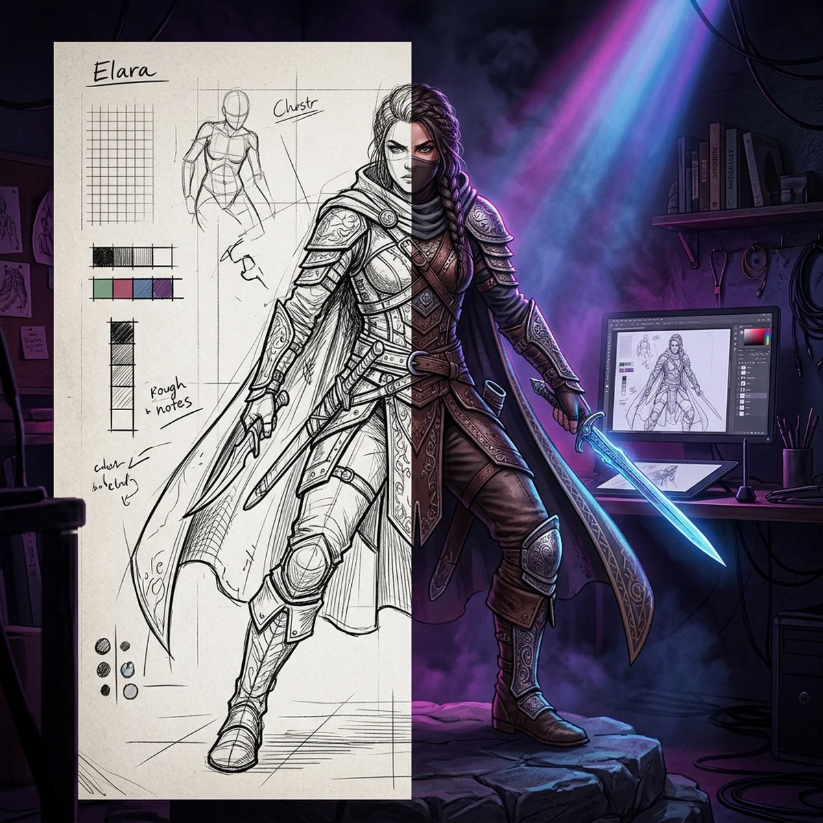 Concept art de personagem 2D sendo gerada, metade rascunho e metade ilustração finalizada