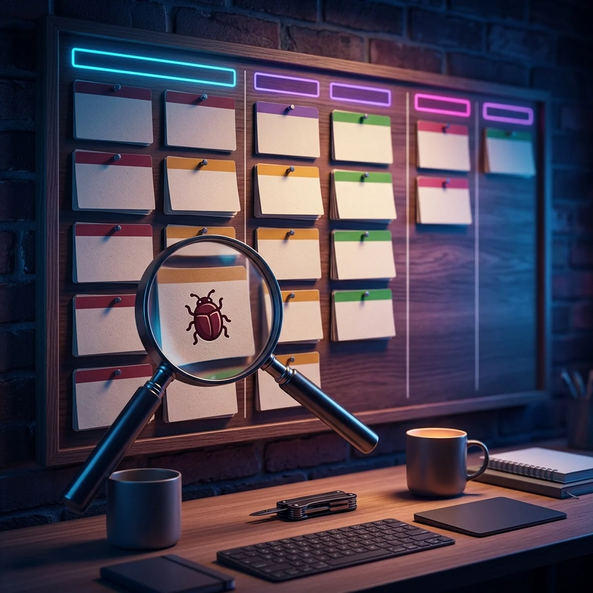 Quadro de rastreamento de bugs com colunas de estados e cartões de tarefas