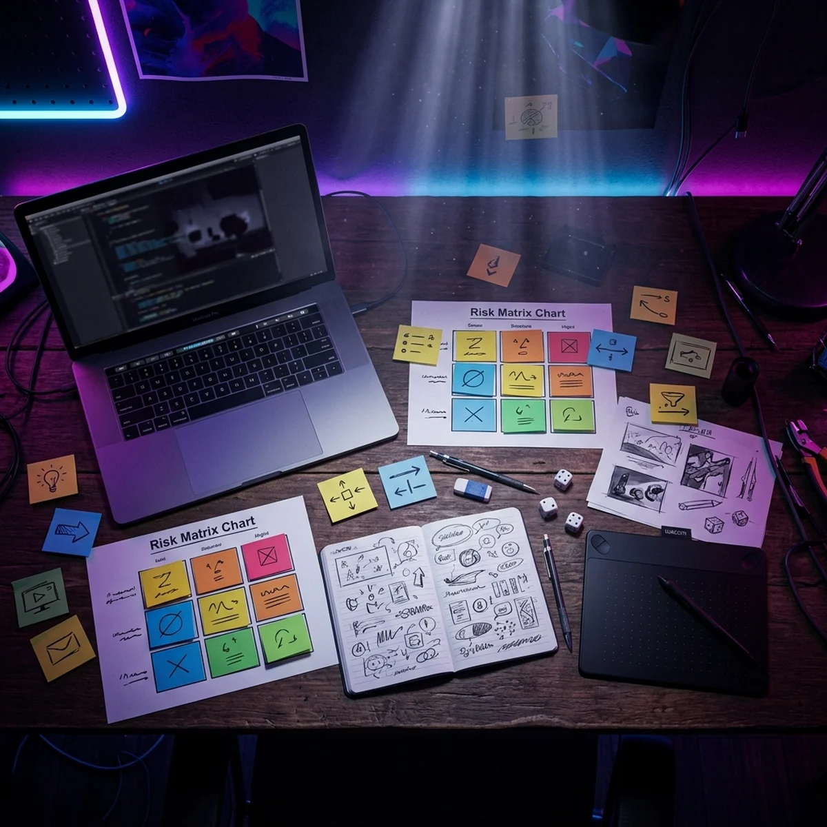 mesa de trabalho com anotações e um quadro dividido em quadrantes de cores