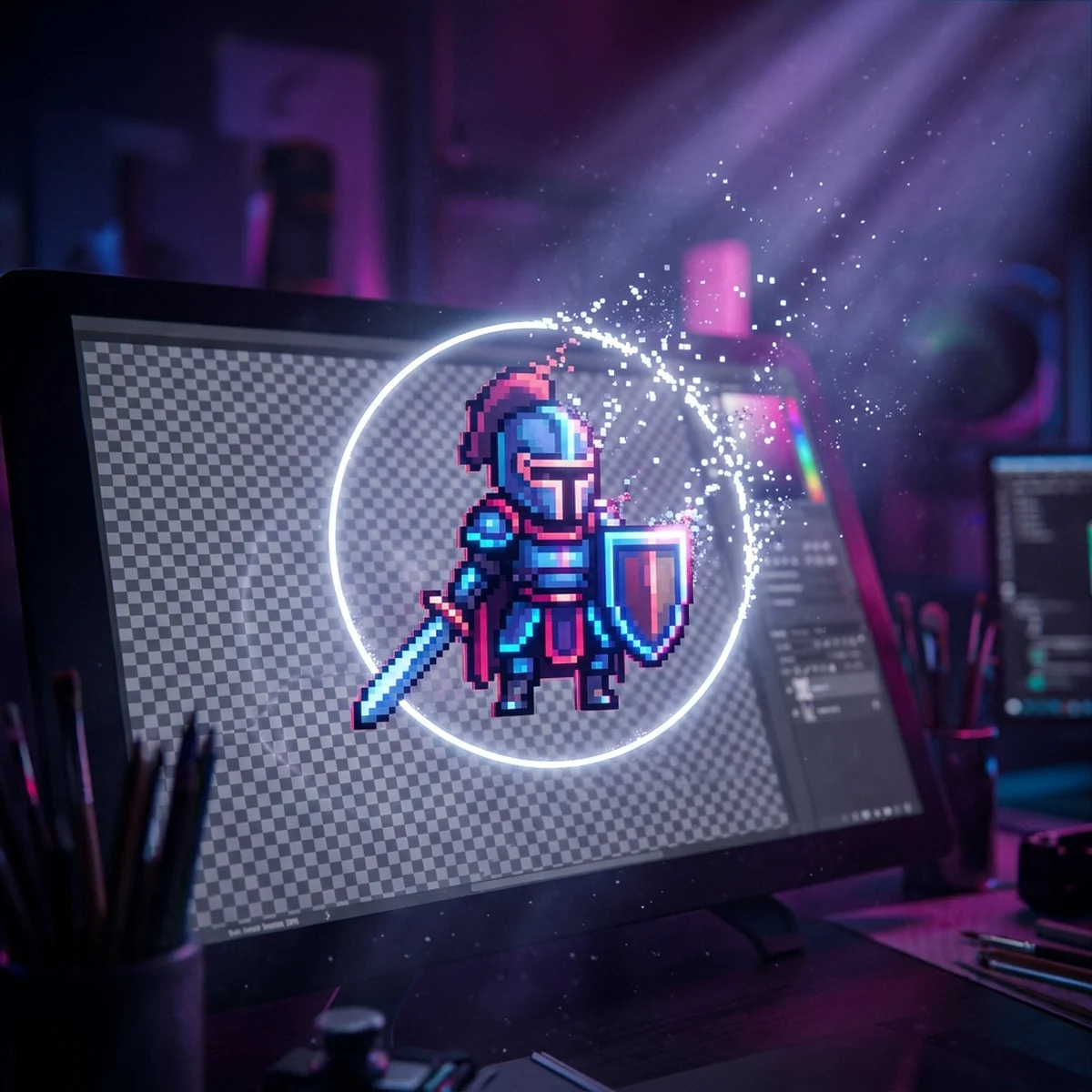 Sprite de personagem sobre fundo xadrez de transparência, com um contorno branco sendo removido da borda