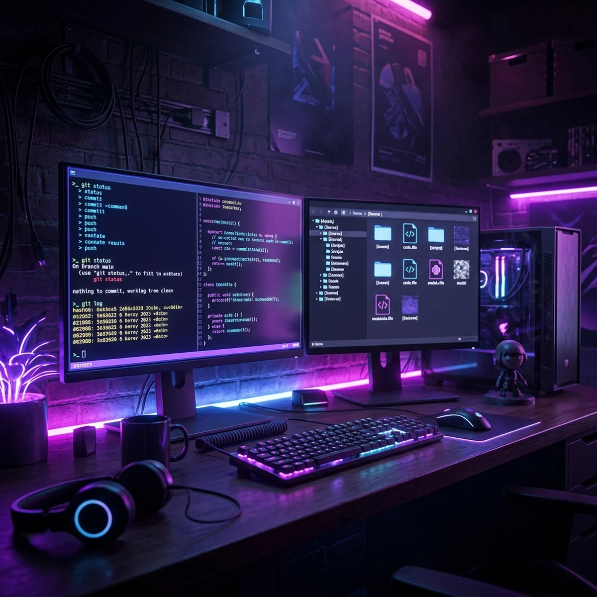 Terminal aberto com comandos git ao lado de uma pasta de projeto de jogo organizada